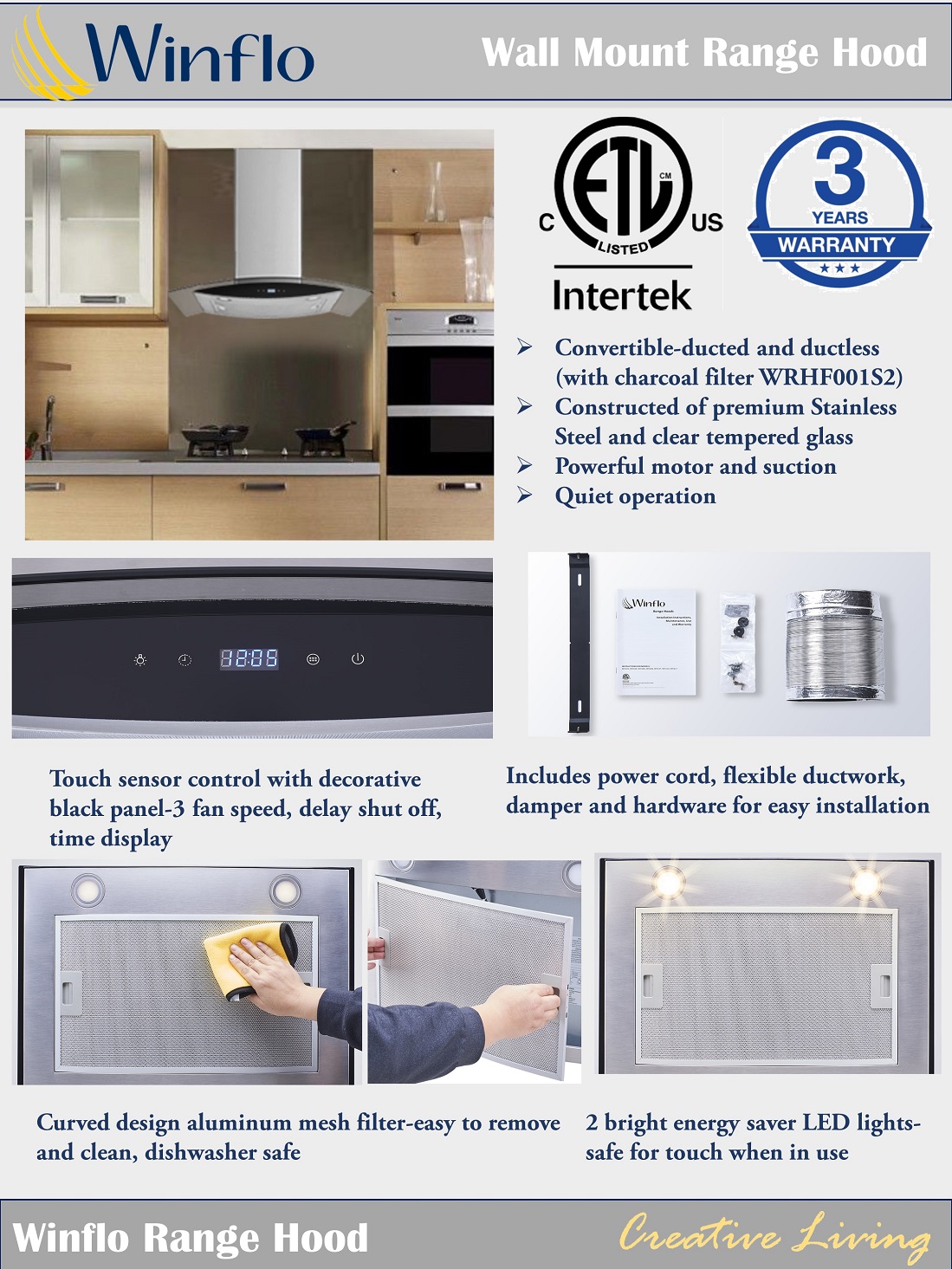 Winflo 36 in. Wall Mount Convertible Range Hood in Stainless Steel and